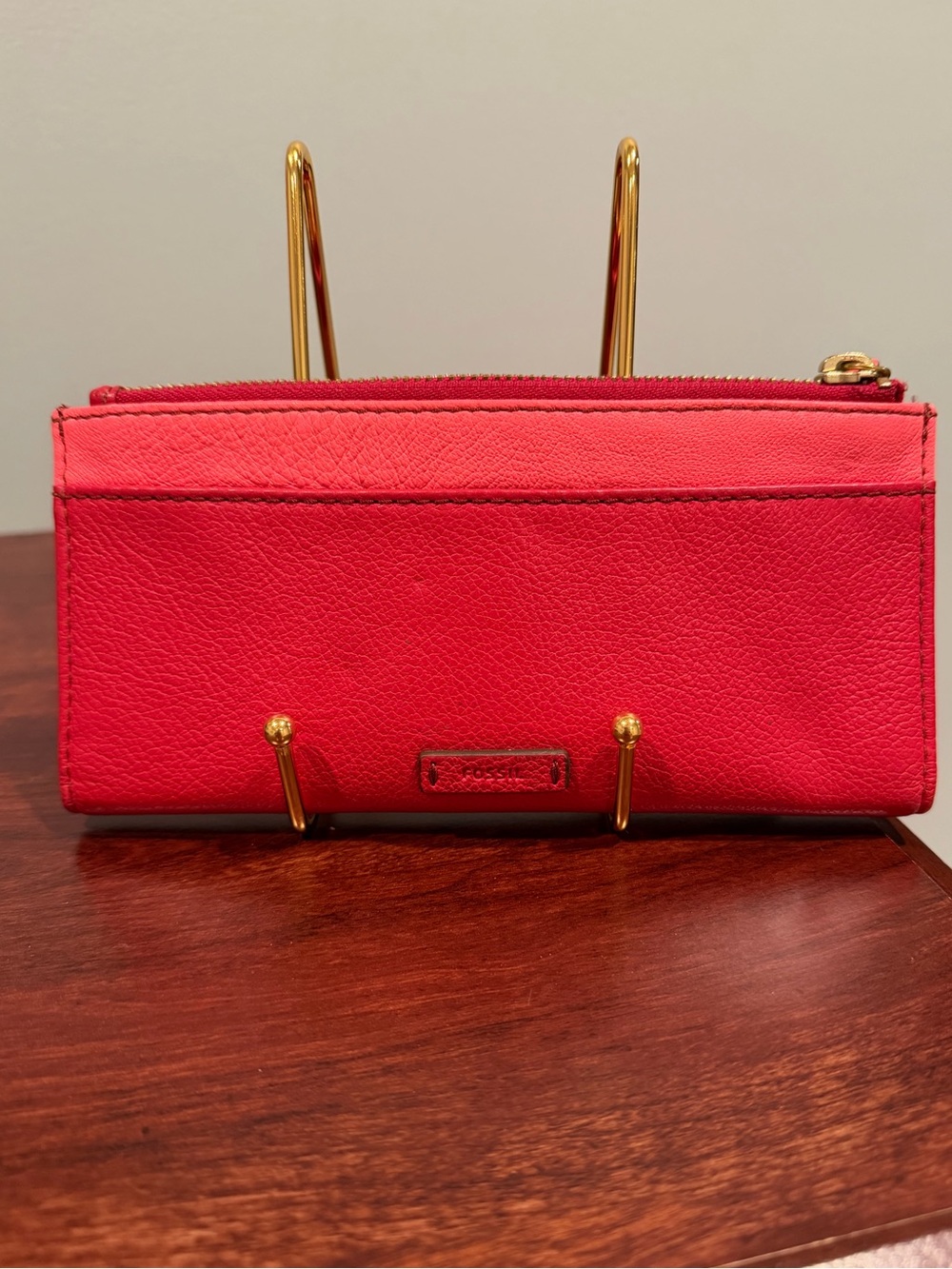 Fossil Red and Coral Pink Leather Zip Wallet with Gold Hardware